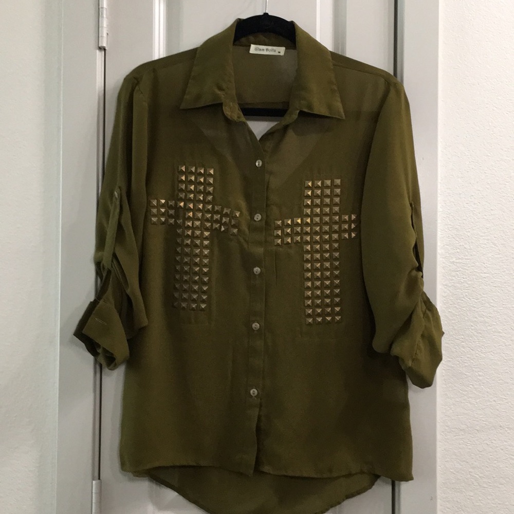 Olive Cross Top with Cuffed Sleeves